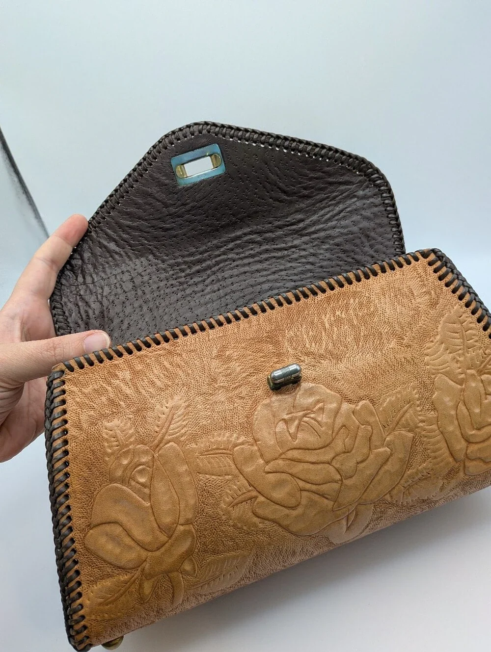 Vintage 70s Hand Tooled Floral Leather Top Handle Bag Purse